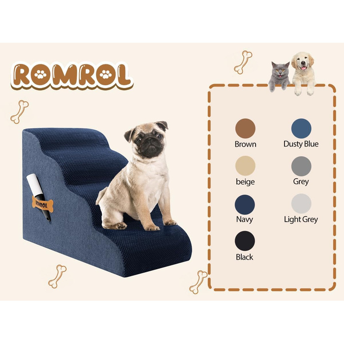 Сходинки для собак та котів Romrol – 4 сходинки, м'який Memory Foam, неслизьке покриття, для захисту суглобів, синій