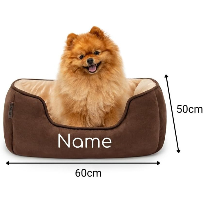 Ліжко для собак Lionto 2-в-1 з м'яким входом, зручне домашнє ліжко для тварин, що перевертається, для собак та котів, 110x80 см, подушка для собак з легкою у догляді оксамитовою обробкою, (Д 60 x Ш 50 x В 22 см (з нанесенням імені), Коричневий/Бежевий)
