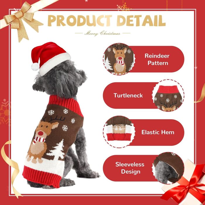 Стильний святковий светр для собак: теплий, м'який, з рентієром, для маленьких собак, коричневий, для осені та зими