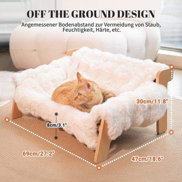 Катяме місце CheerPals з бука, 70x47 см: велике ліжко-софа для котів з м'якою знімною наволочкою, витримує до 15 кг