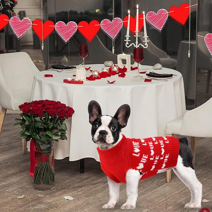 Набір з 2 пуловерів для собак на День святого Валентина, одяг для собак на День святого Валентина, в'язаний пуловер у вигляді серця для маленьких, середніх та великих собак, домашніх тварин (червоне серце та червоне кохання, розмір M) Червоне серце та чер