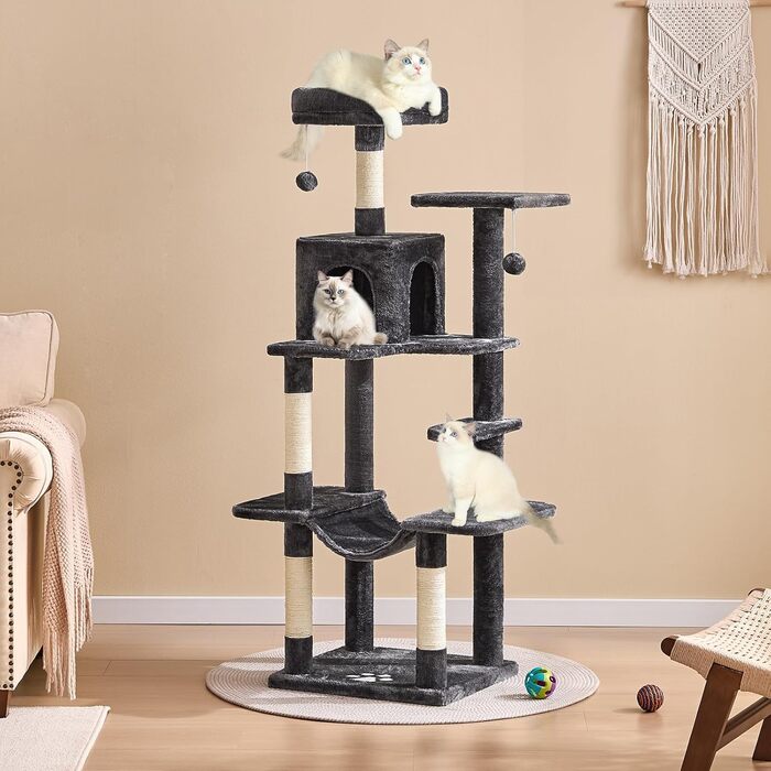 Кігтеточка для котів MSmask велика, 150 см, сіра, з 2 платформами, 2 будиночками, гамаком та сизалевими стовпчиками