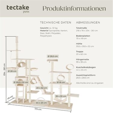 Дряпка для котів tectake Snooky | Ігровий центр з багатоярусною дряпкою та будиночком | Платформи для спостереження (Сірий, Бежевий)