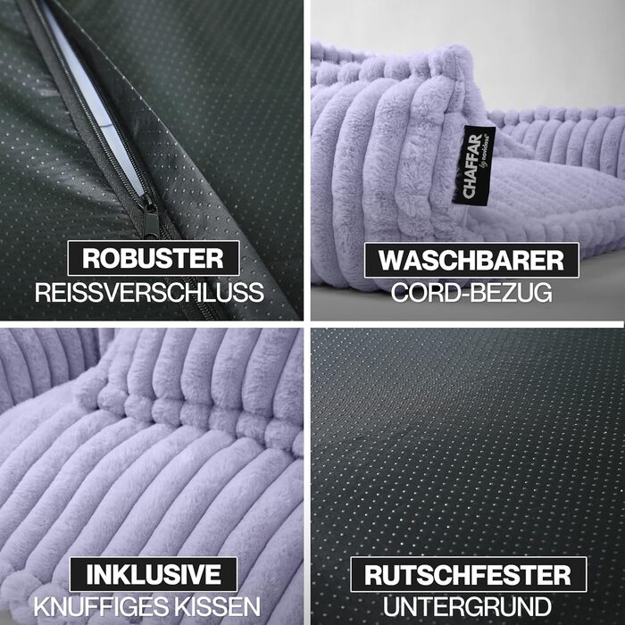 Крісло-лежанка для домашніх тварин Noviclass® Chaffar | Для котів та собак | Ортопедичний матрац | Сучасний стиль, Cord-дизайн, фіолетовий, XL (120 см)