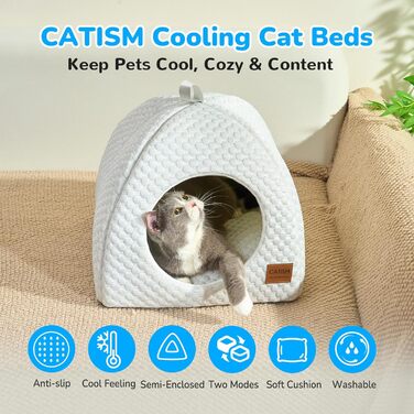 CATISM Котяча хатка для дому, 2-в-1 охолоджуюче ліжко-купол для котів, складана м’яка лежанка з подушкою, прана, сірий/білий