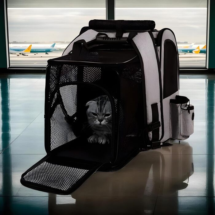 Рюкзак для котів | Переноска для собак, рюкзак-переноска для домашніх тварин, розширюваний, дихаючий, складаний, для подорожей, піших прогулянок, транспортування, сірий з зеленими вставками