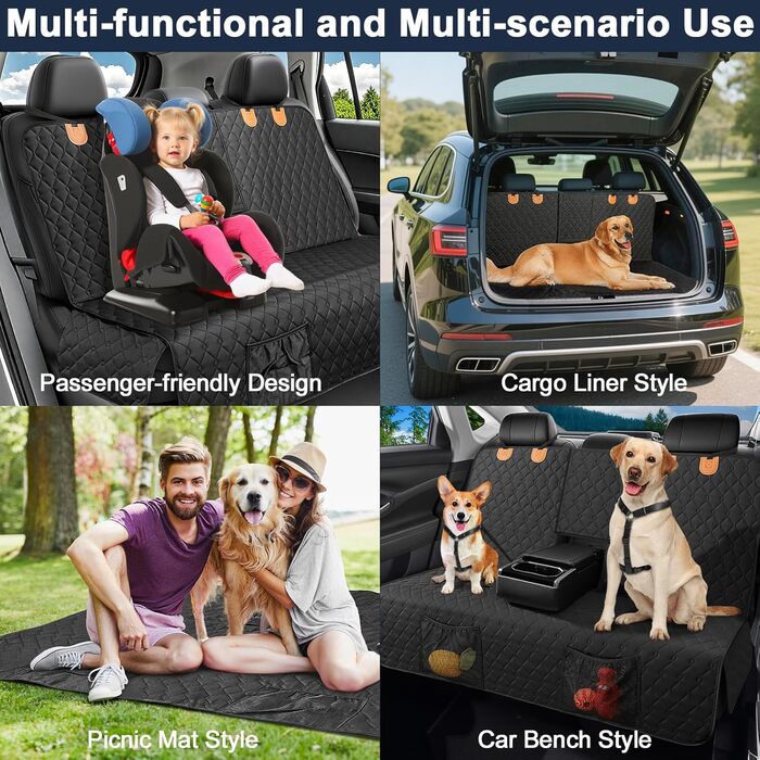 Захисний чохол на заднє сидіння автомобіля для собак, водовідштовхуючий, антиковзний, з 2 ременями безпеки, чорний