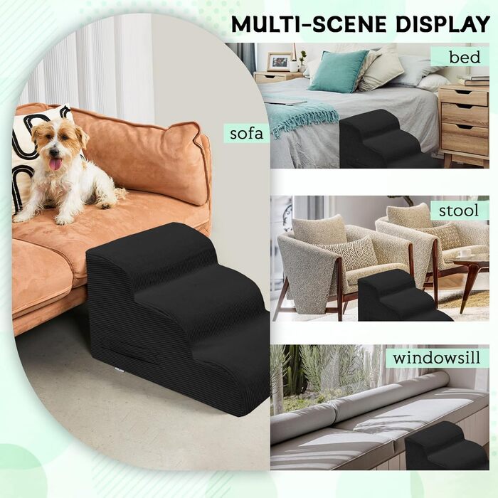 Сходинки для собак маленьких порід, 4-ступеневі, для ліжок та диванів, з неслизьким покриттям, знімний чохол (чорний)