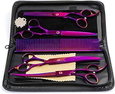 Професійні ножиці для собак 7 дюймів, набір 4 шт. (прямі, зігнуті, проріджуючі), чорний/фіолетовий