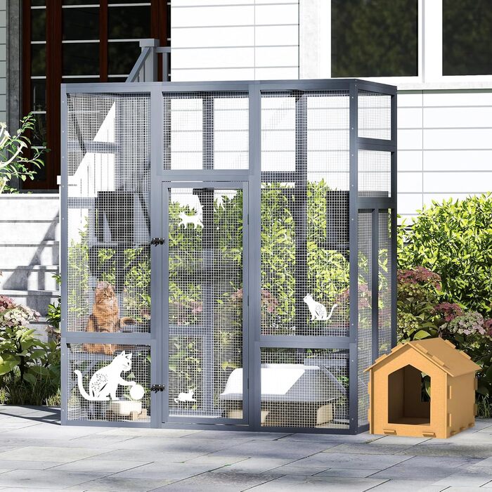 Великий дерев'яний кігтечка для котів COZIWOW з лежаками, печерами, ігровим комплексом та простором для бігу, для дому, з водонепроникним дахом, 7 платформ, 2 будиночки, стійкий до УФ-випромінювання, 167 см x 82 см, сірий, XL