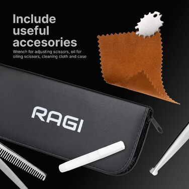 Набір професійних ножиць для собак RAGI: витончені ножиці, ножиці для стрижки лап, етикетка, серветка, ключ для регулювання. Нержавіюча сталь, срібло