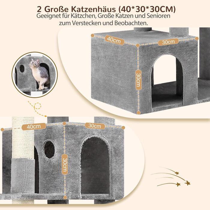 Драбина для котів Globlazer XXL 193 см з будиночком, гамаком, платформами та іграшками. Стабільна для 3-5 котів. Сірий колір.