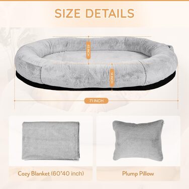 Крісло-мішок NESTROAD для собак та людей, 180x114x35 см, знімний чохол з штучного хутра, ковдра та подушка, сірий колір