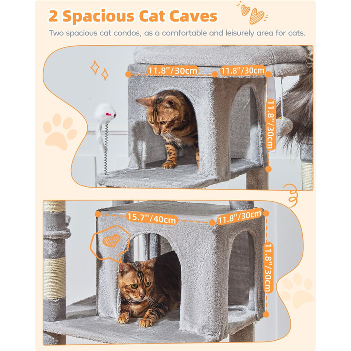 Котячий комплекс Taoqimiao MS044W, 190 см, сірий: багатоярусна котяча вежа з 2 будиночками, гамаком, 8 стовпчиками для дряпання та 2 підвісними кошиками