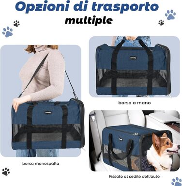 Транспортна сумка для котів та собак, дихаюча та складна, транспортна переноска для котів з регульованим плечовим ременем, знімна плюшева підстилка (Темно-синій, L)