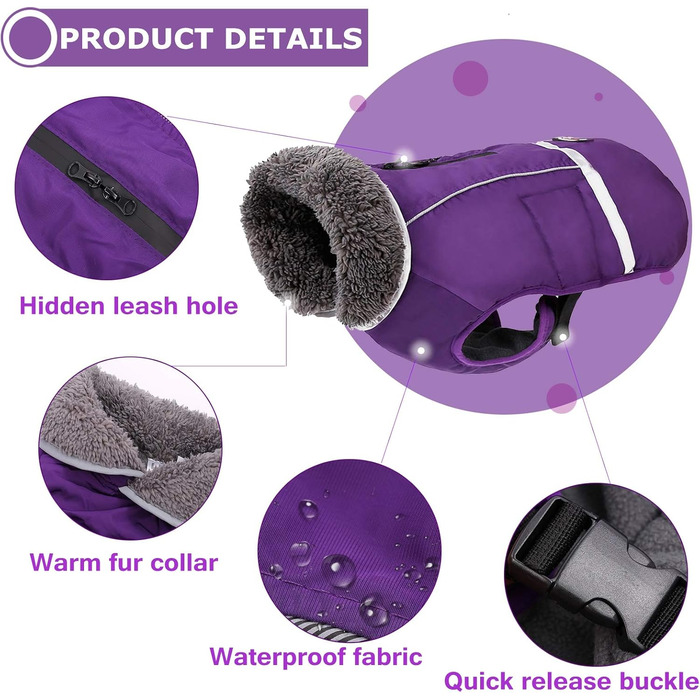 Зимовий одяг для собак QBLEEV: теплий куртка з захистом живота та коміром-стійкою, водонепроникний, для маленьких собак, фіолетовий, розмір S