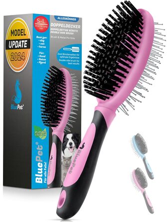 Щітка для собак BluePet 2в1 для довгої та короткої шерсті, для цуценят та котів. Розчісування, вирівнювання, вибирання. Універсальна щітка з щетиною (Рожева, M-L)