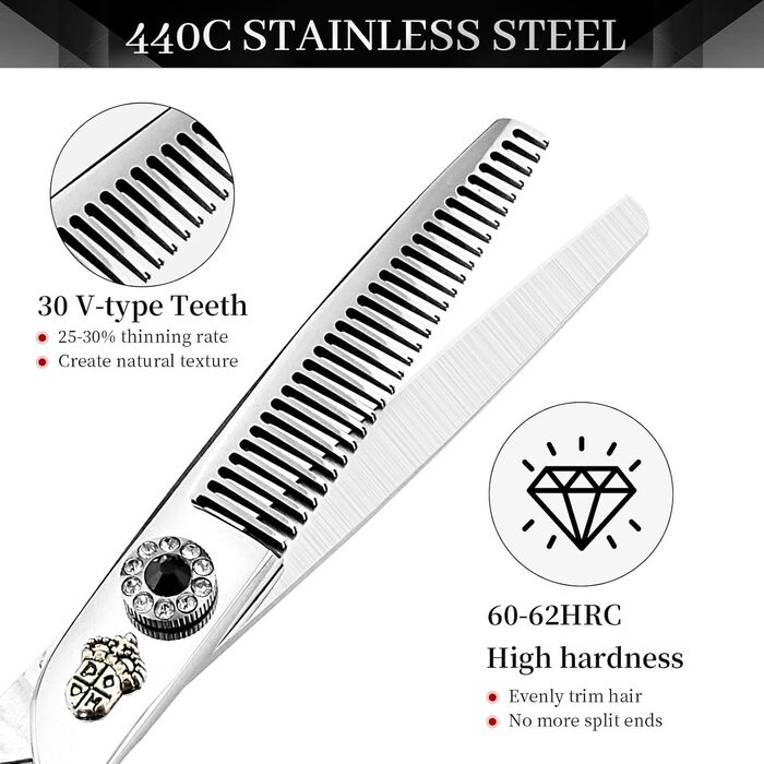 Набір ножиць для грумінгу собак 6 дюймів: прямі та розріджуючі ножиці для професійного догляду за шерстю. З регульованим гвинтом та візерунками. Срібний колір.