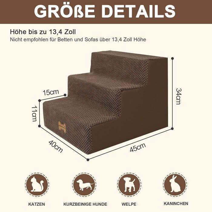 Сходинки для собак Непфайві: 3 сходинки, для маленьких собак, знімний чохол, антиковзаюча поверхня, 45x40x34 см, коричневий