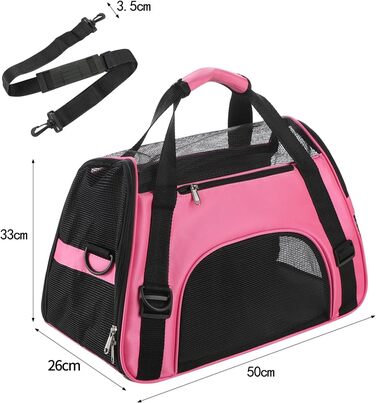 Транспортна сумка для собак і котів, рожева, 50x26x33 см - дихаюча, складна, з регульованим плечовим ременем