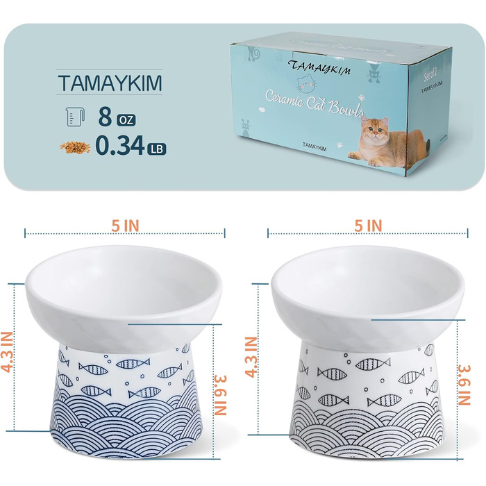 Підняті керамічні миски для котів і маленьких собак TAMAYKIM, набір з 2 порцелянових мисок для корму і води, чорна та блакитна, антистресова годівниця