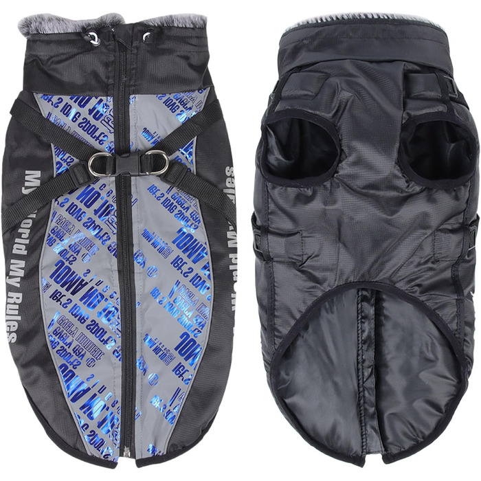 Теплий зимовий одяг для собак: куртка з шлейкою для маленьких, середніх та великих собак. Яскрава зимова куртка з щільного матеріалу. Кольори: синій, чорний (6XL)