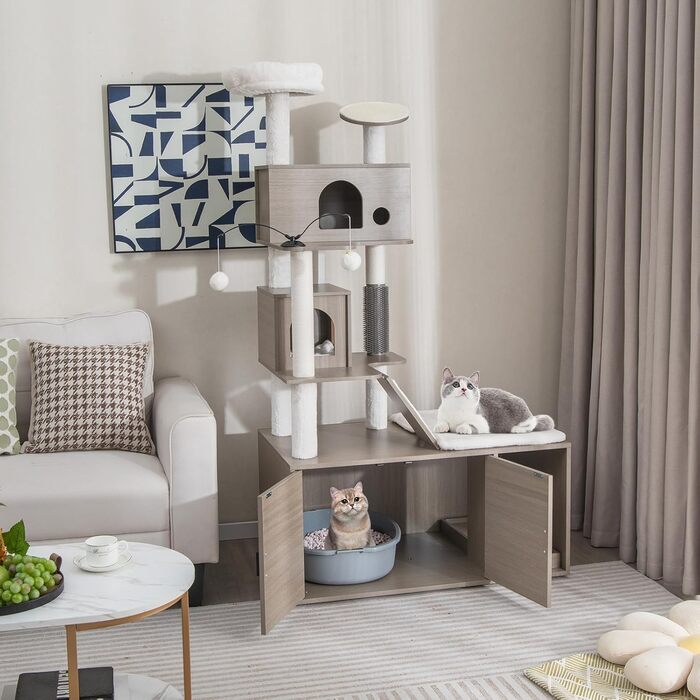 Дерев'яний комплекс для котів COSTWAY з будиночком, когтеточкою, іграшками та м'яким лежанком. Великий кігтешкребок для котів, сірий, 95x55,5x132 см