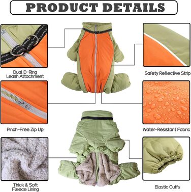 Зимовий теплий костюм для собак, світло-зелений, розмір 18. Вітронепроникна куртка для собак з блискавкою та кільцем, з відбиваючими елементами.