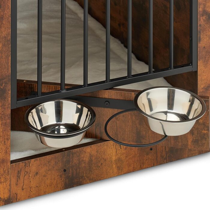 Клітка для собак Relaxdays, для дому, HBT: 65,5x102x60 см, 2 поворотні миски, собача будка з виглядом дерева, МДФ & сталь, (Коричневий/Чорний)