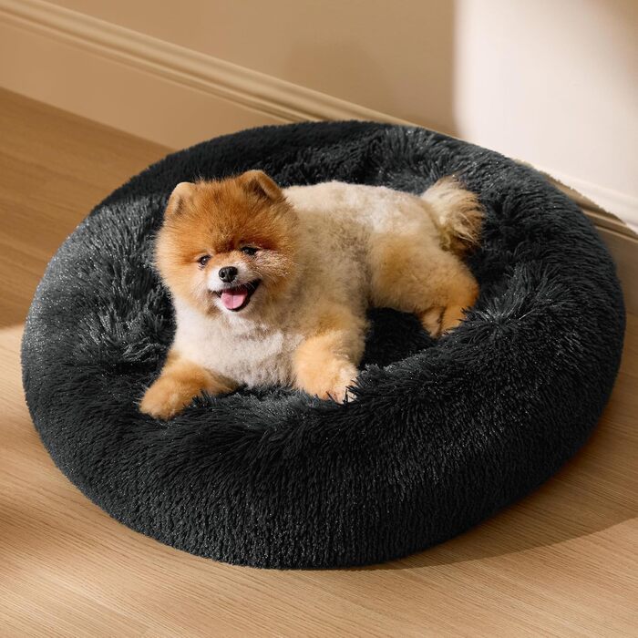 Кішечка БЕДСЮР: М'яке ліжко для котів Ø 60 см, зручний лежак для котів та маленьких собак, плюшеве кругле ліжко, темно-сірий колір, розмір 60x60x14 см
