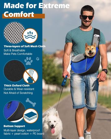 Сумка-переноска для собак Pawaboo L, оновлена, з кишенею для сенсорного екрану, регульована, для домашніх тварин, блакитна, для подорожей і прогулянок