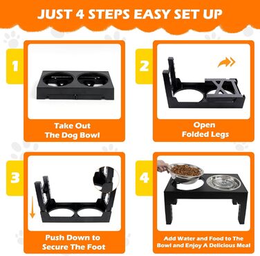 Підвищена годівниця для собак та котів, регульована висота, з нержавіючої сталі, 2 миски, чорна