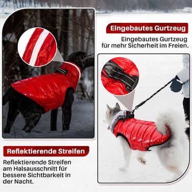 Водонепроникний собачий плащ з шлейкою, флісова комір-стійка, тепла зимова куртка для собак з подвійним блискавкою, куртка для собак з відбиваючими елементами, червоний, розмір S