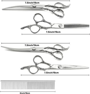 Професійна ножиця для грумінгу собак 7,5 дюймів: набір ножиць для догляду за собаками (вигнуті, прямі, розріджувальні)