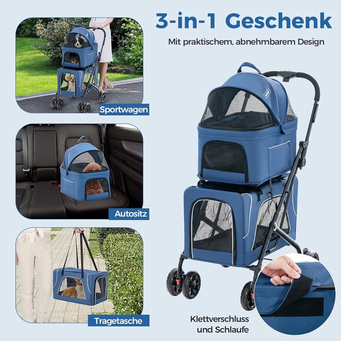 Візок для собак GOPLUS 3 в 1, візок-будка з 2 знімними відсіками, сітчастим віконцем, липучкою, колесами з гальмами, знімними подушками, візок для подорожей з собаками, котами (Блакитний)