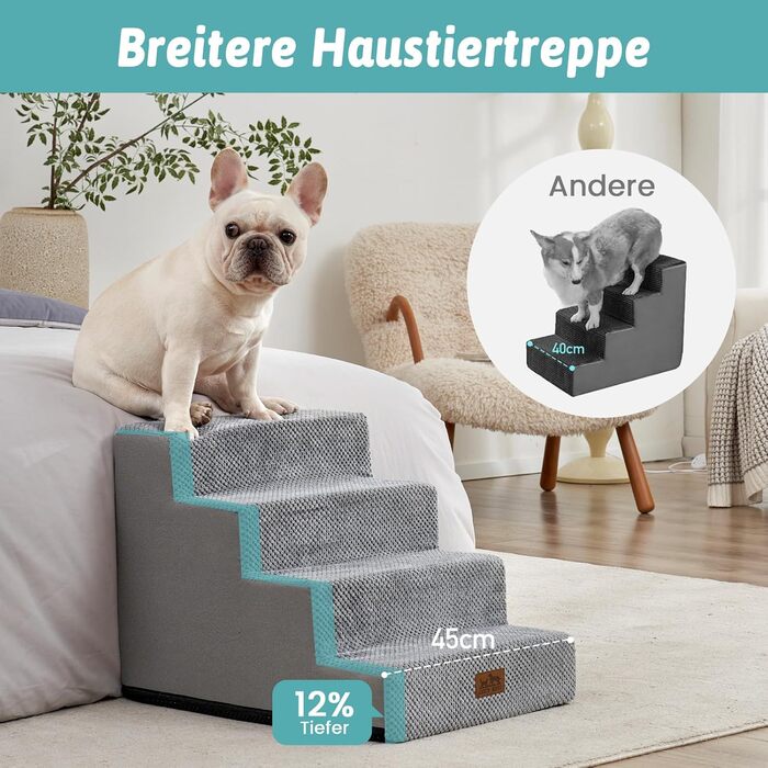 Сходинка для собак, 5 сходинок, 60 см, сіра. Підходить для маленьких собак, котів, ліжко, диван, авто. Виготовлена з високощільним пінопластом, знімний чохол. Розміри: 60x45x45 см