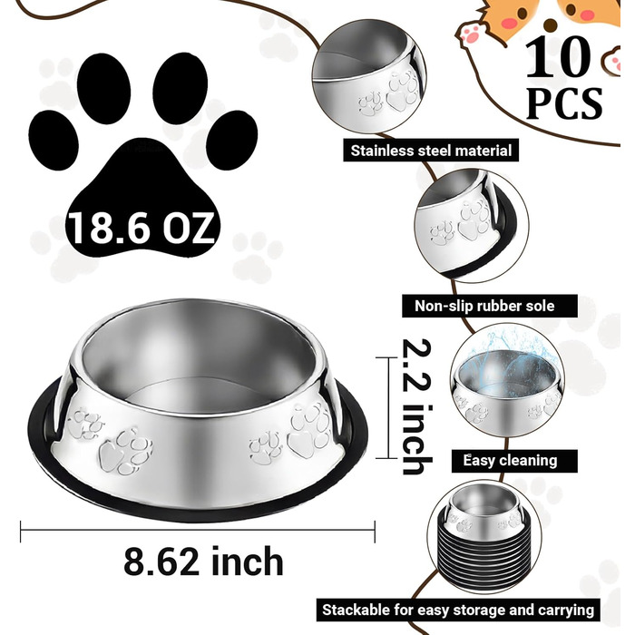 Набір з 10 мисок для собак з нержавіючої сталі, 530 мл. Миски для корму та води для тварин з гумовим дном (антиковзаючі) для собак, котів, кроликів.