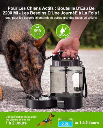 Водяна пляшка для собак Lesotc 2200 мл, велика, чорна – для подорожей та кемпінгу