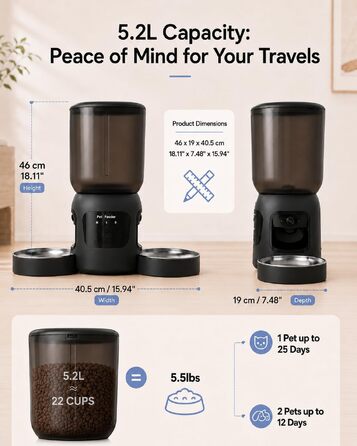Автоматична годівниця для котів з камерою та Wi-Fi (2.4G/5GHz), керування через додаток, 5.2 л, чорна