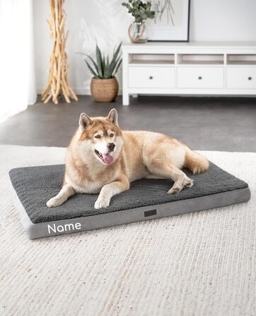 Ортопедичне ліжко для собак Lionto, 112x81x8 см, з м'яким плюшем, знімний та пральний чохол, водовідштовхувальне, для собак та котів, сіре (з нанесенням імені)