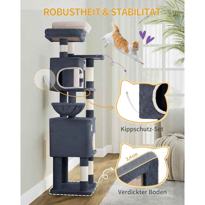 Драбина-кіготь для котів Hzuaneri, 159 см, з 8 кігтеточок, 3 платформ, 2 будиночків, кошиком, плюшевими кульками, мотузкою з сизалю, підходить для котів різних розмірів, MS15918LG (XL, темно-сірий)