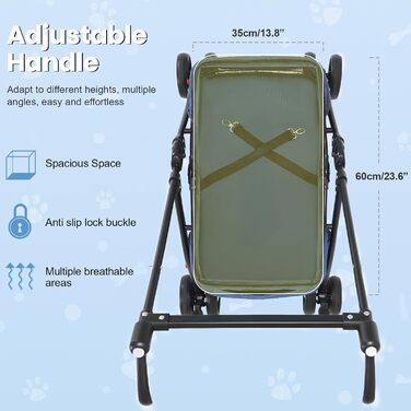 Складаний візок для собак з 4 колесами та дихаючою сіткою - Легкий транспортний візок для маленьких собак та котів до 10 кг, з регульованим сонцезахистом, тримачем для напоїв та страхувальним ременем (Блакитний)