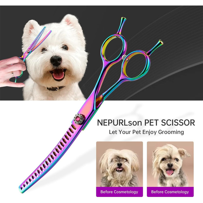 Професійна витончена ножиці для грумінгу собак та котів, 17.5 см, японська сталь, зменшення густоти на 65%, фіолетовий колір