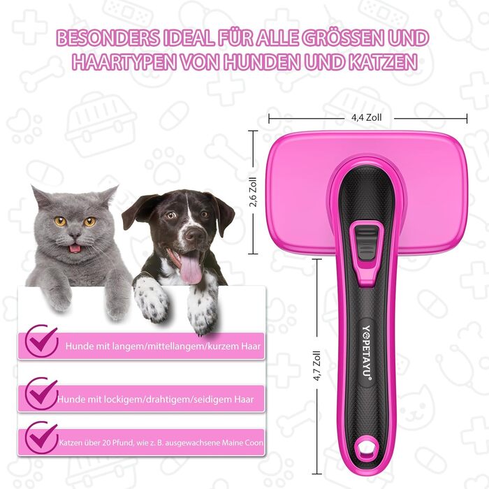Щітка для собак, котів та домашніх тварин, самоочисна, проти підшерстка та відмерлого хутра, зменшує випадання шерсті, делікатна до шкіри, для великих, середніх та маленьких собак та котів, рожева
