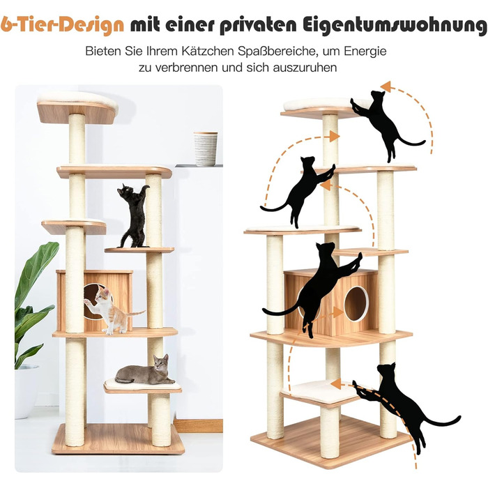 Кліматичний комплекс для котів GOPLUS Katzenbaum 175 см: 6 платформ, велика дерев'яна печера, ігровий комплекс, меблі для котів