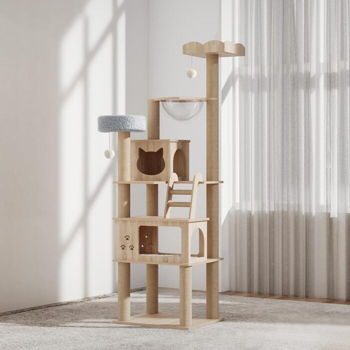 Дерев'яна кігтеточка Mondeer для кімнат з двома будиночками для котів, контейнером для наповнювача, прозорою капсулою, знімними плюшевими подушками, розмір 60x50x184 см, дуб