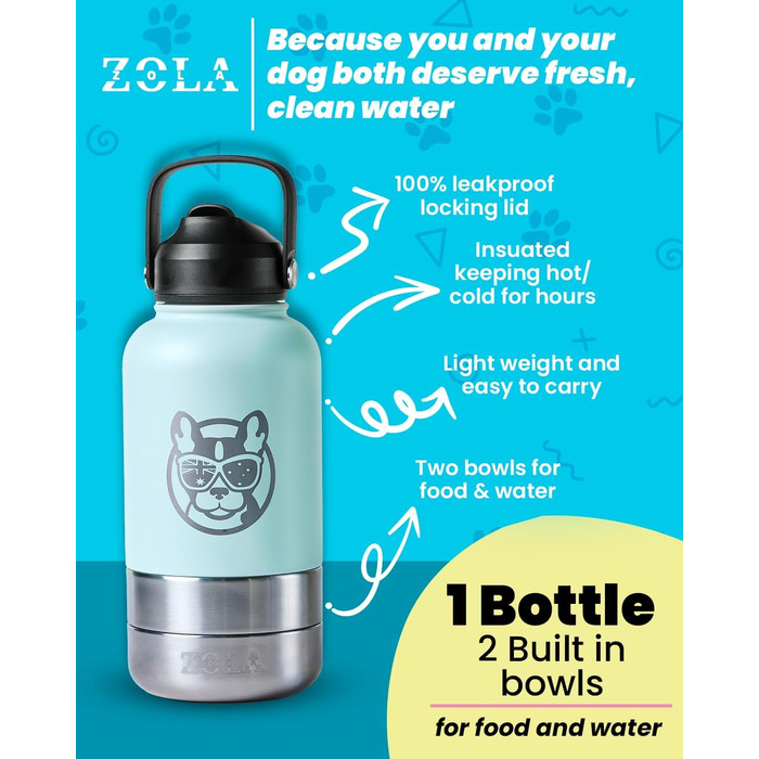 3-в-1 пляшка для собак з мискою та відсіком для ласощів, 1 л, Babyrosa | Без BPA, ізольована, для прогулянок