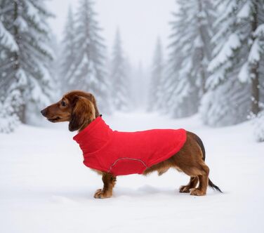 Теплий флісовий пуловер для собак, теплий теплий наряд для такс, тепла куртка та одяг для собак з отвором для повірця, відбиваюча мініатюрна одяг для такс на зиму, для холодної погоди, для дому, XS (довжина спини: 31-33 см), червоний