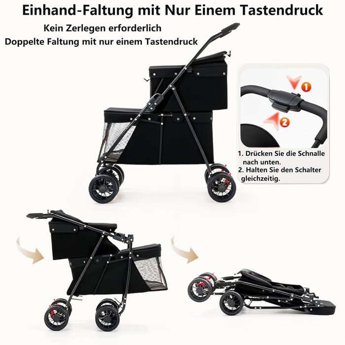 Складаний візок для собак на 2 ярусах, переноска для домашніх тварин до 24 кг, візок для собак з сітковими віконцями, ремінь безпеки, 4 колеса, складаний візок для котів та маленьких собак (чорний)