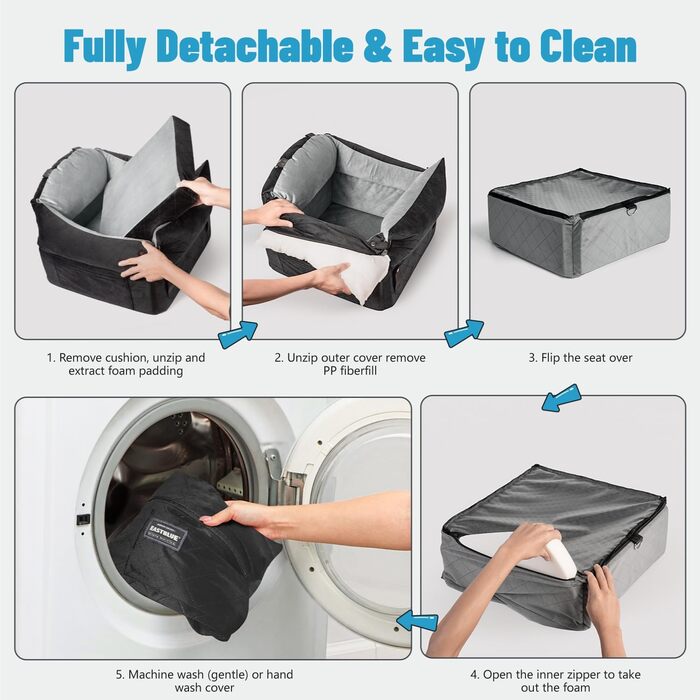 Автокрісло для собак EASTBLUE Medium: чорний/сірий, Memory Foam, з ременем безпеки, для собак до 15.9 кг